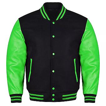 Varsity Black Letterman Baseball Wool &green Real Leather...