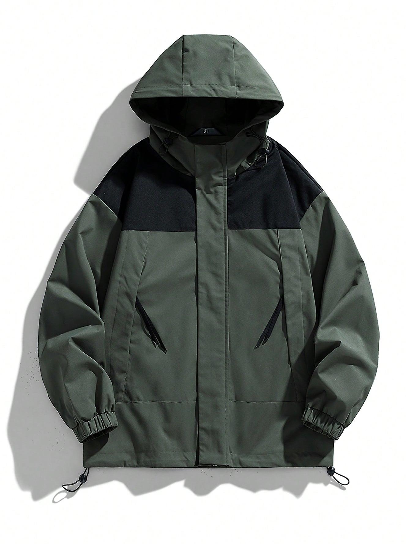 Men Two Tone Drawstring Hem Hooded Jacket