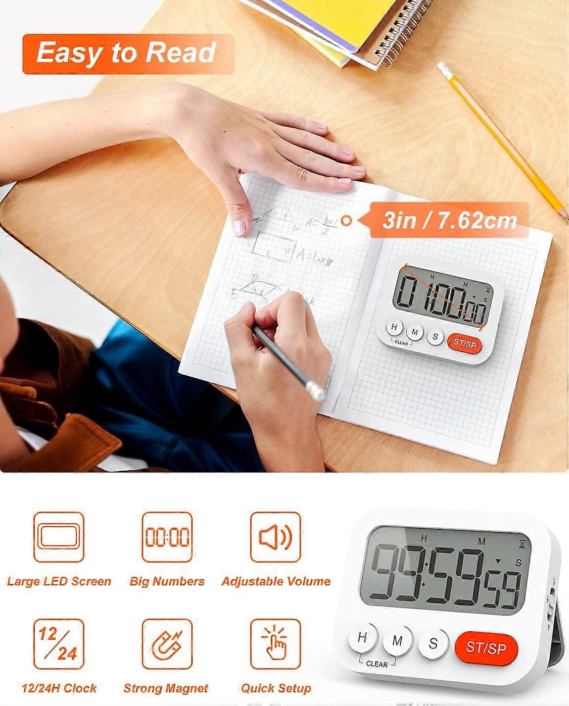 Digital kitchen timer with clock, stopwatch, alarm clock, magnet, 3-step volume, LCD screen for learning, cooking and exercising