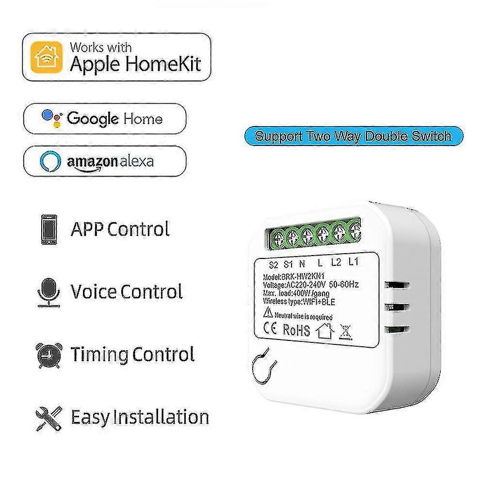 Homekit Smart Wifi Switch 2-veis dobbel bryter Mini Smart Breaker Alexa Google