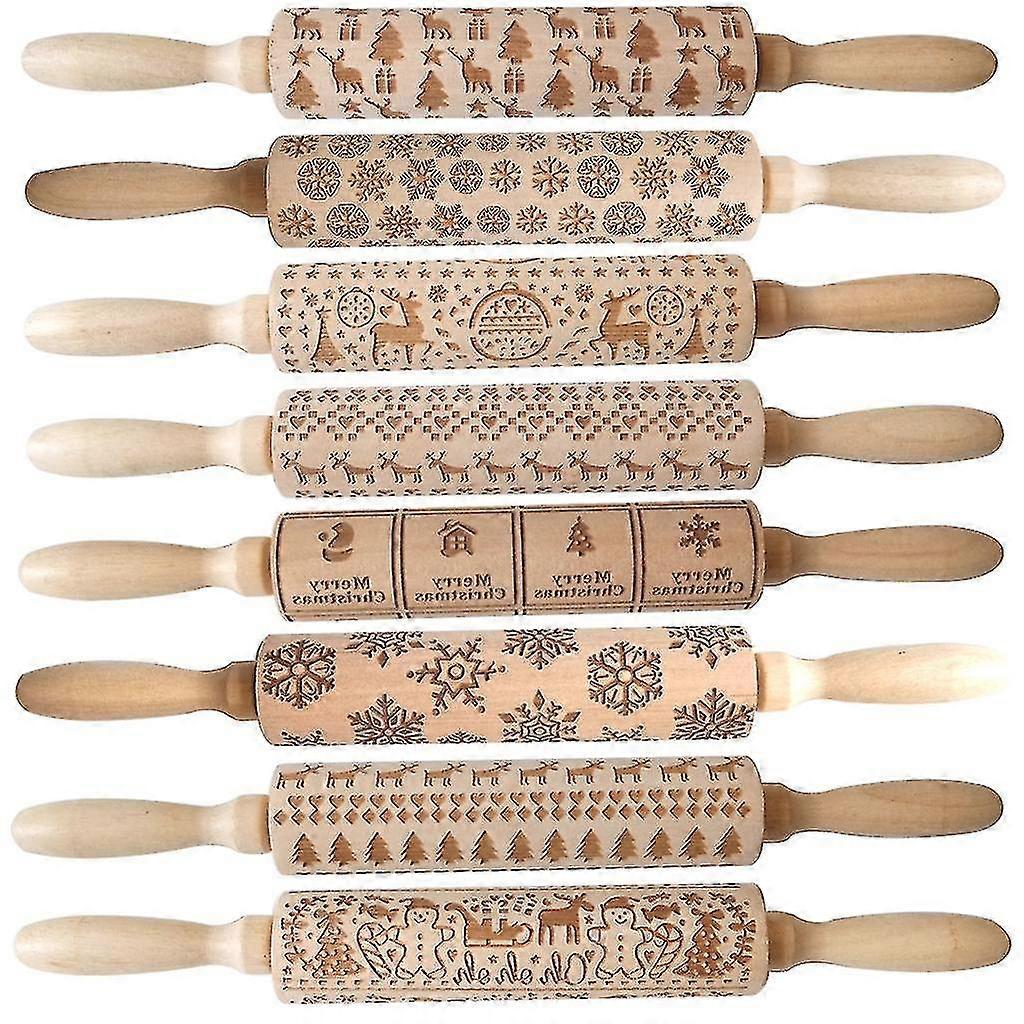 Christmas Rolling Pins Rock Snowflake Elk Wooden Rolling Embossing Baking Cookies Biscuit Fondant Cake Patterned Roller 35*4cmc