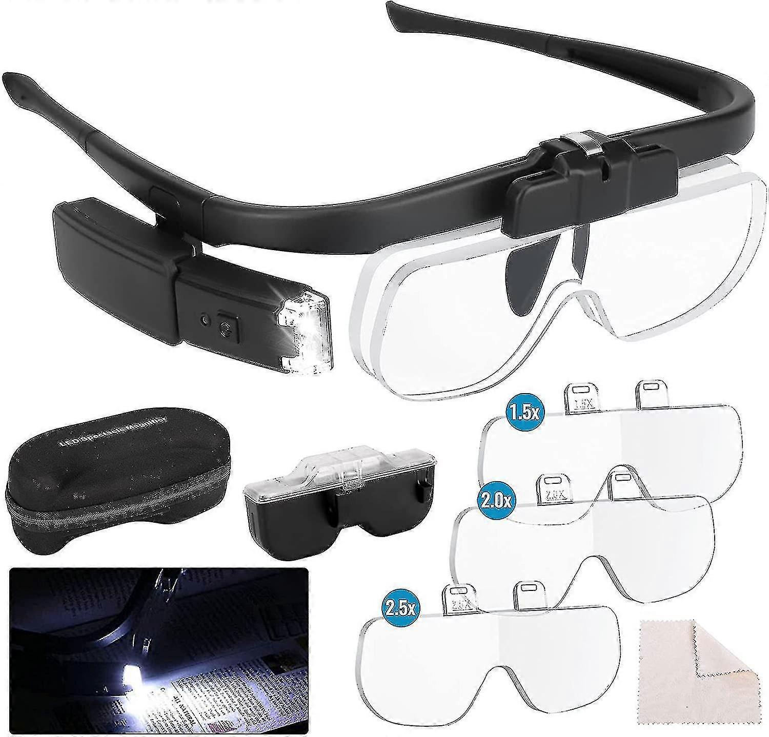 Headband Magnifier Glasses With Light, Handsfree Led Illuminated Head Mount Magnifying Glass With 3 Detachable Lenses Double Slot For Watch Electronic