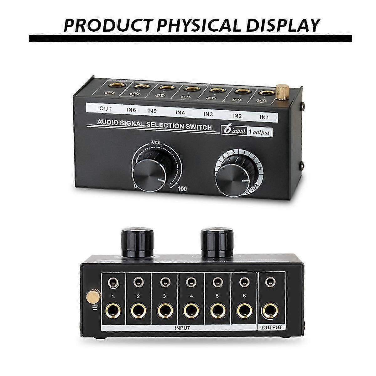 Audio Switcher -6-way 3.5/6.35mm Stereo Audio Switch - Signal Source Switcher Selector Splitter Box