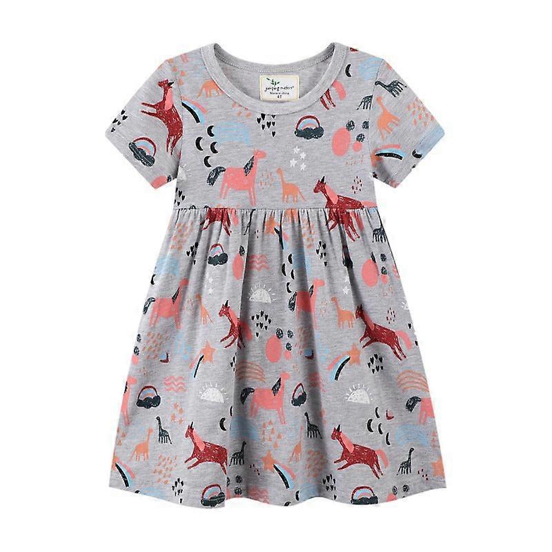 الصيف عارضة مريحة القطن الفتيات اللباس رمادي الطباعة الكرتون الحصان قصيرة الأكمام جولة طوق اللباس
