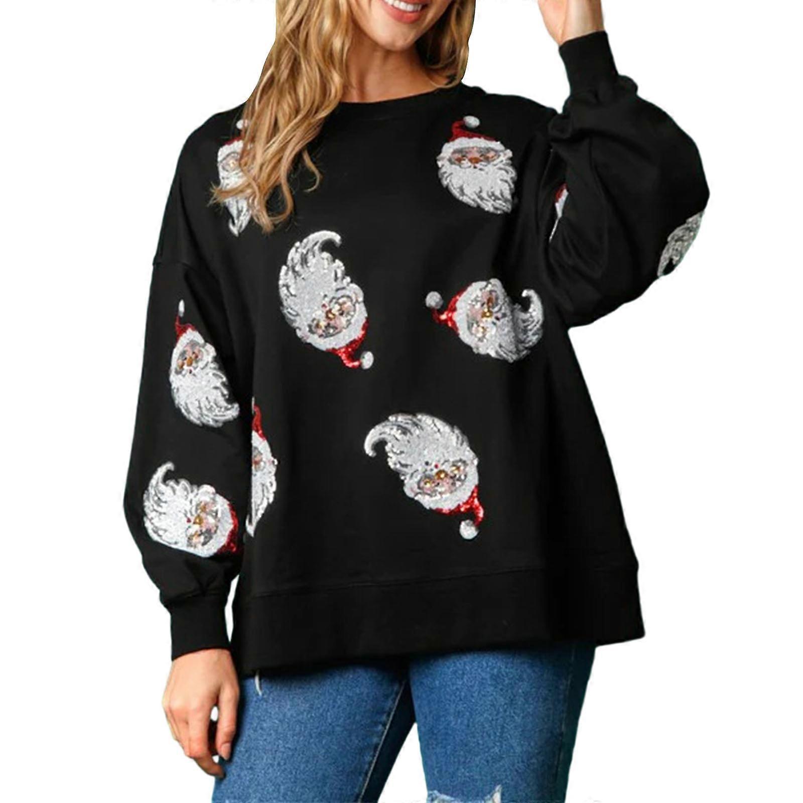 Womens Crewneck Christmas Sweatshirt Loose Santa Claus Sequins Print Long Lantern Sleeve Tops for Christmas