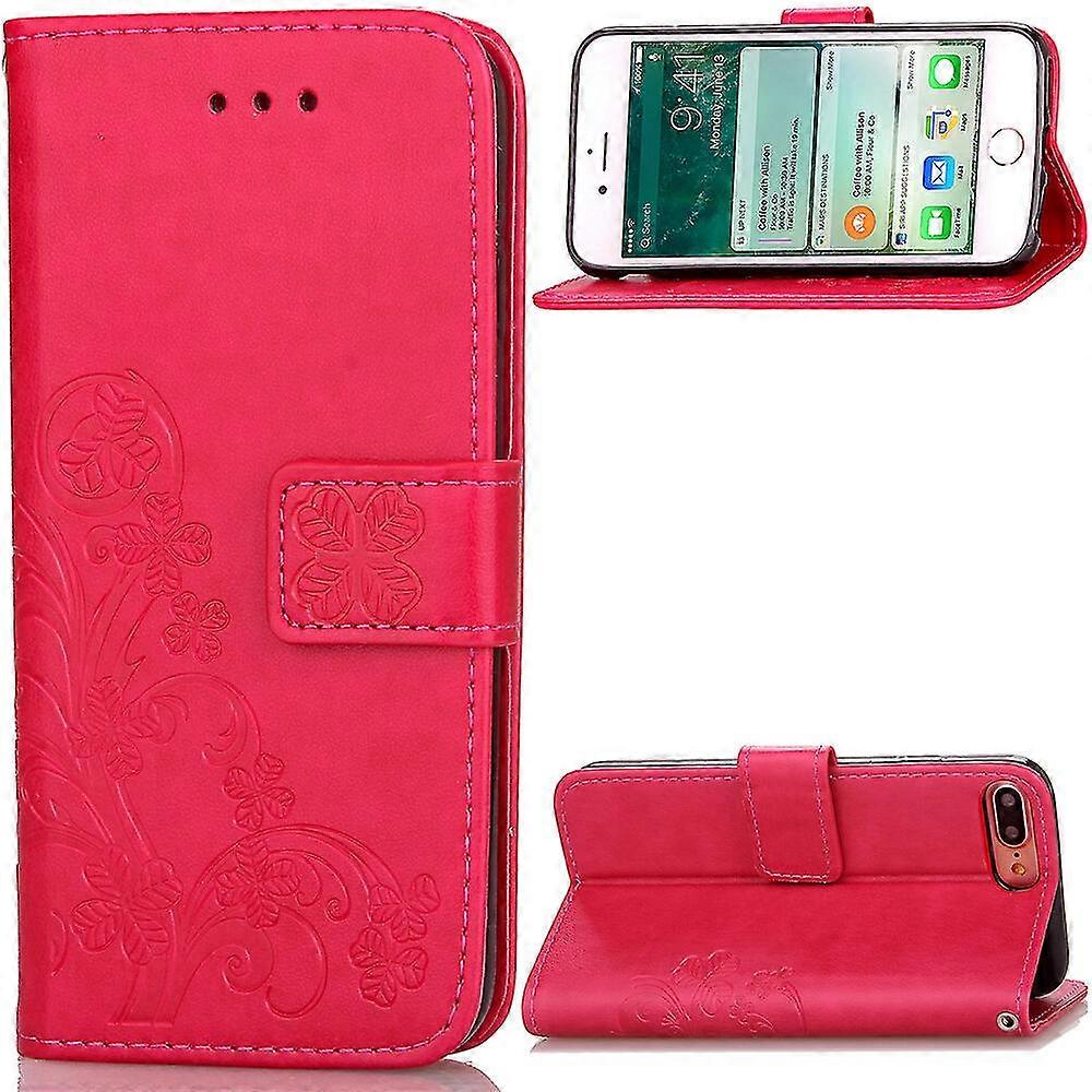 Compatible with Iphone 8 Plus Cover Wallet Clover Embossed Protective Leather Phone Case   - Rose Red