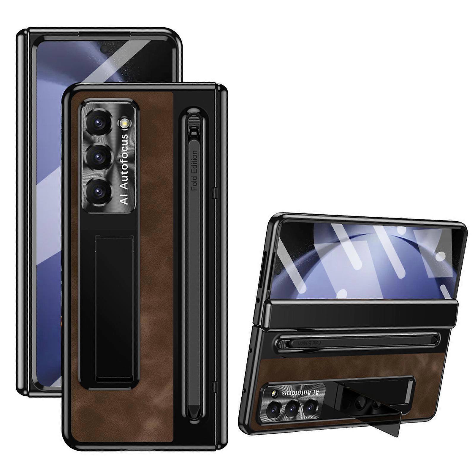 for Samsung Galaxy Z Fold 6 2024 Case with S Pen Holder, ZFold6 Case with Hinge Protection Kickstand Screen Protector Retro Leather Case