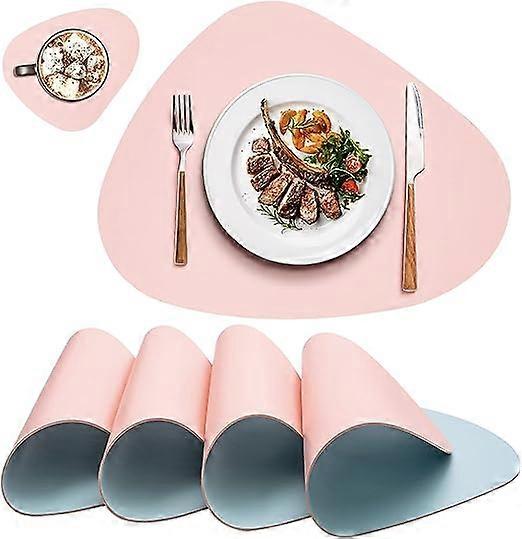 Triangular washable placemat (pink), tableware set, double-sided leather non-slip waterproof placemat table set