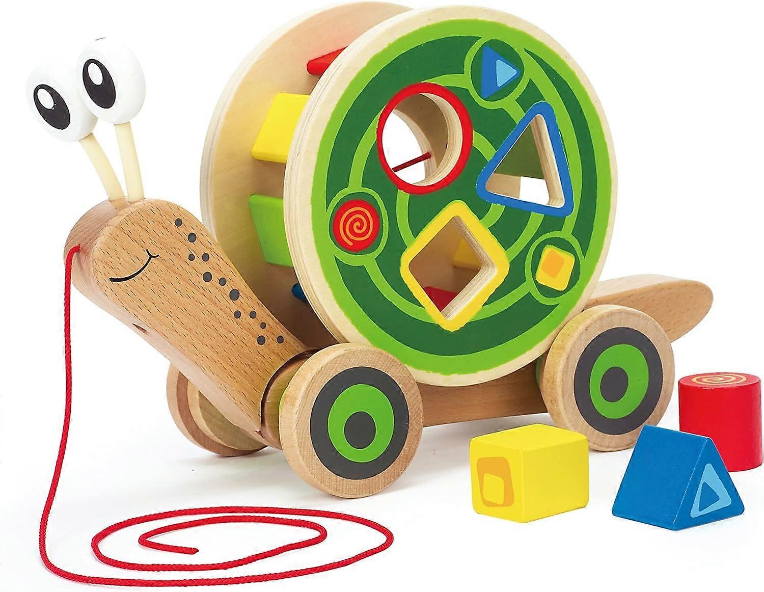 Snail Pull Toy Toddler Wooden Push and Pull Toy with Removable Colour-Coded Shape Sorter Shell, Fun Educational Toy for Kids