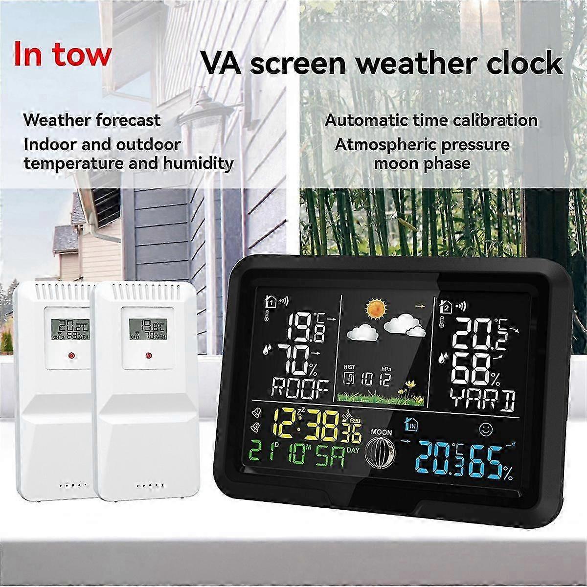 One-to-two Weather Clock Indoor Outdoor Thermometer Hygrometer Wireless Multi-function Weather Station Eu Plug