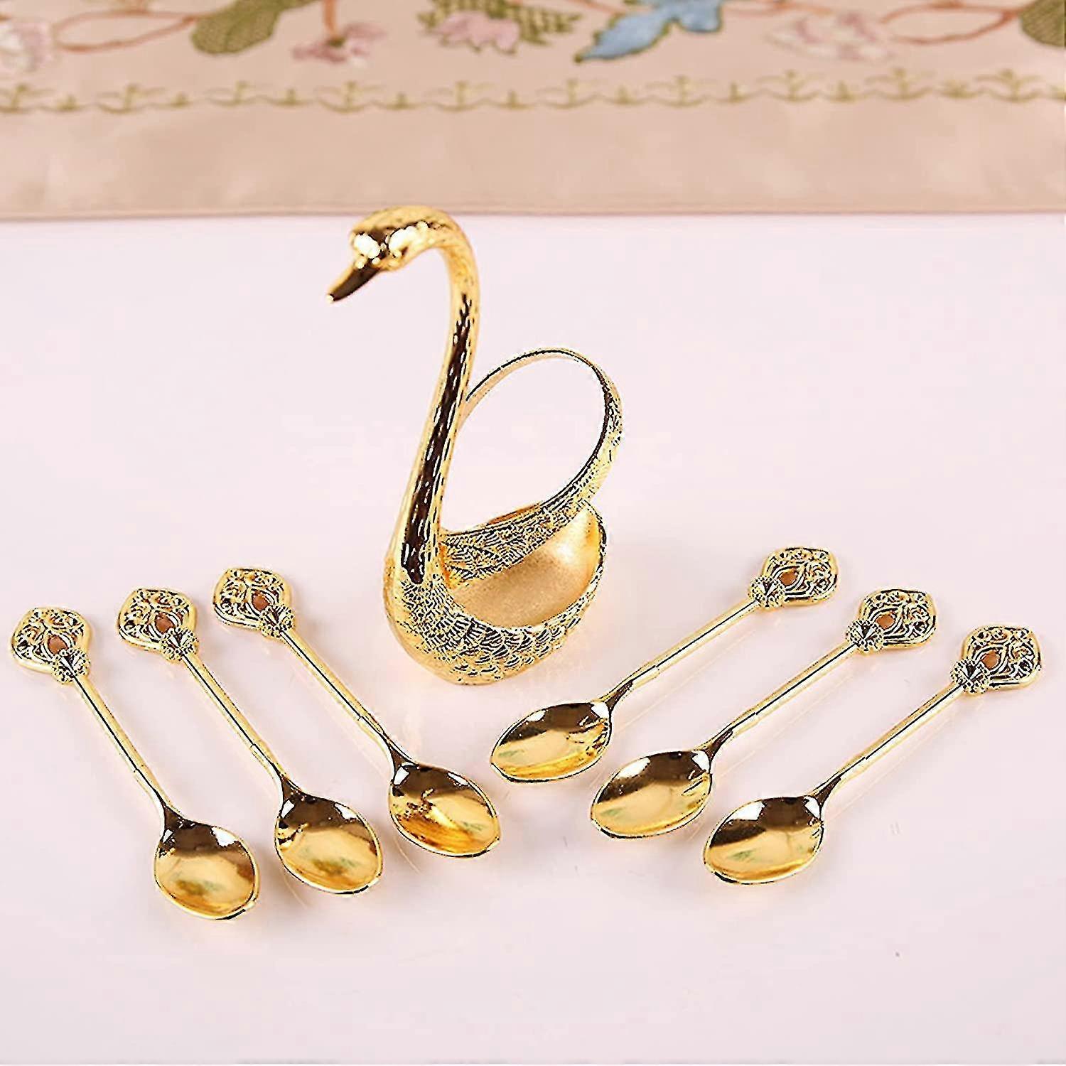 6 Pieces Coffee Spoons With Swan Holder Teaspoons Dessert Spoons, Swan Shape Spoons Set, Coffee Spoons Gold Vintage With Stand Swan Bottom Cutlery Set