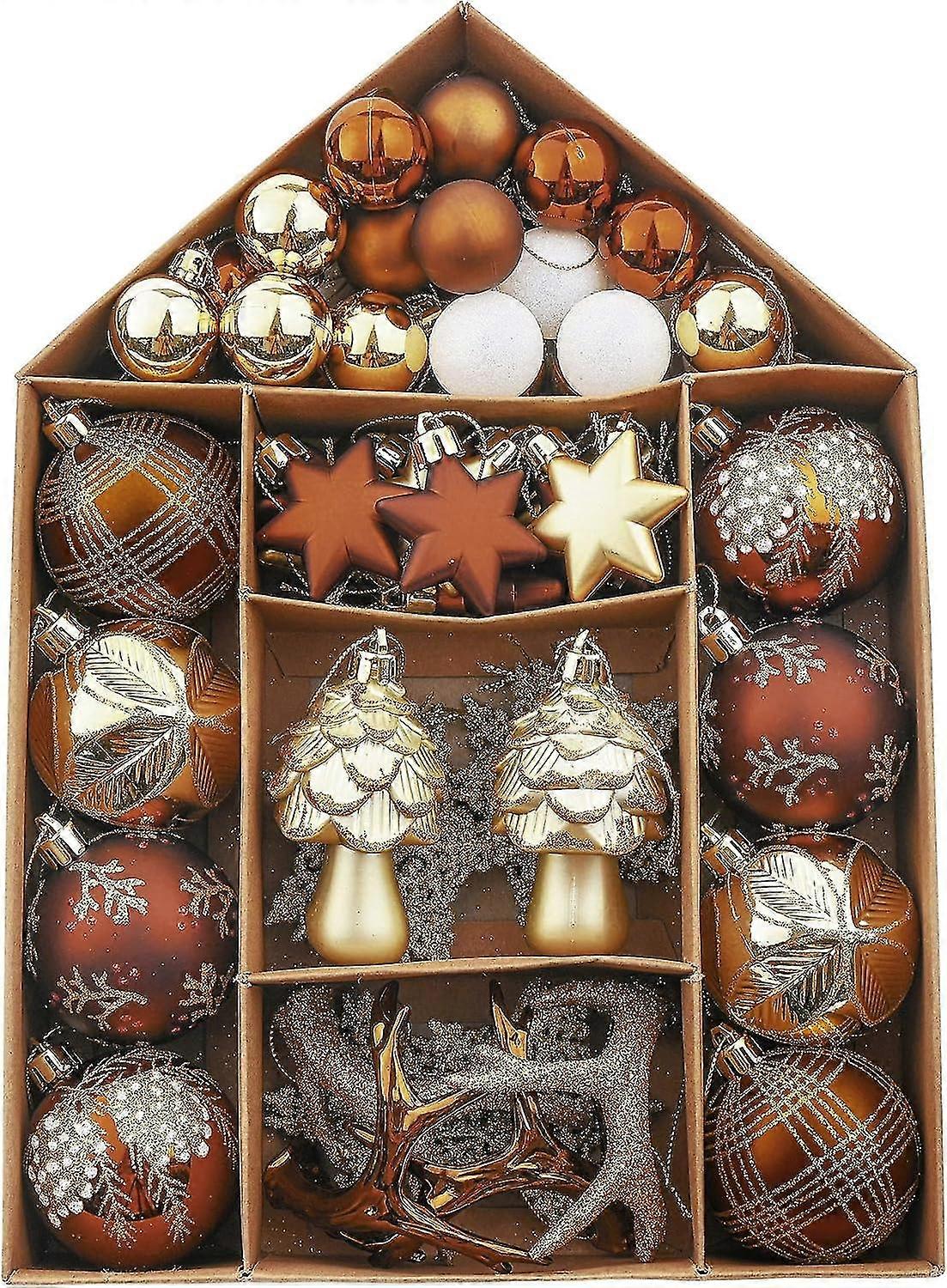 Valery Madelyn 70pcs 3-9cm Shatterproof Christmas Baubles Pack Woodland Copper And Gold Christmas Ball Ornaments For Christmas Tree Decoration