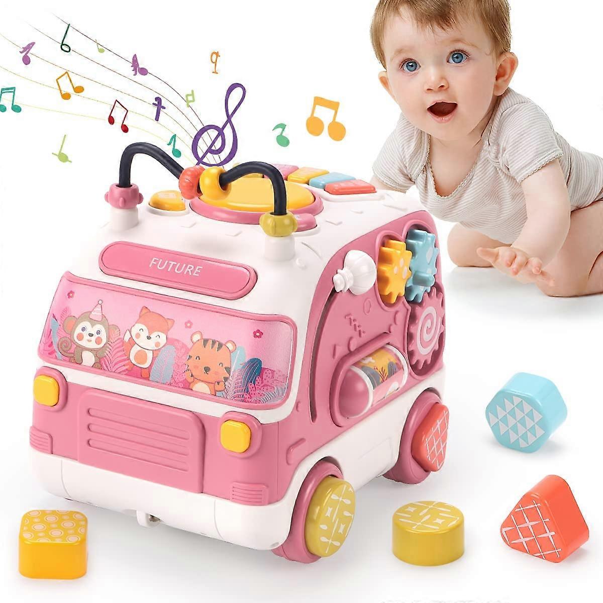 Kids Toy Cars, Baby Music Bus Toy w/ Drum, Piano, Gear, Clock, Matching, Electronic Walking Car with Light Sound, Early Education Learning Activity To