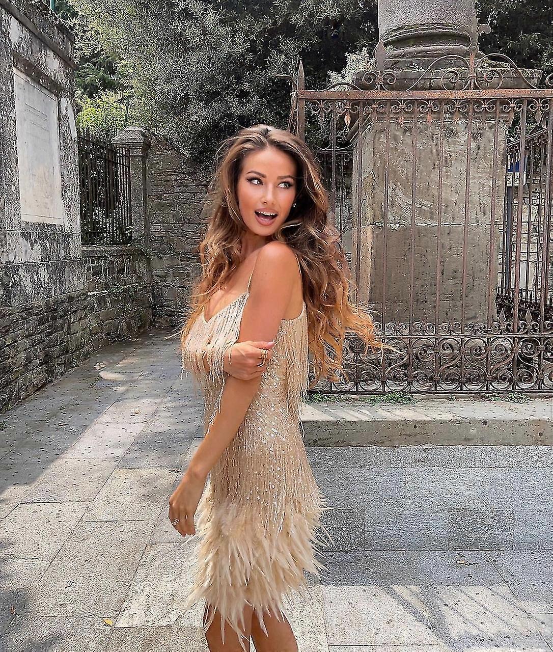 Women's Frind Sequin Stitng 2022 V-neck Off Shoulder Es Fe Backless Slip Mini Robe_h