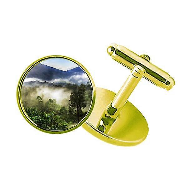 Fog Forestry Science Nature Scenery Studded Business Metal Cufflinks Golden