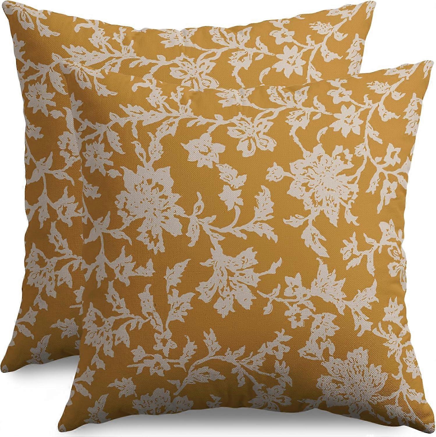 ヴィンテージフローラルブロックプリント枕カバー16x16マスタードイエローブラウンクリームフラワーパターン素朴な古いスタイルの装飾的なスロー枕ケースアウトドゥ2のセット