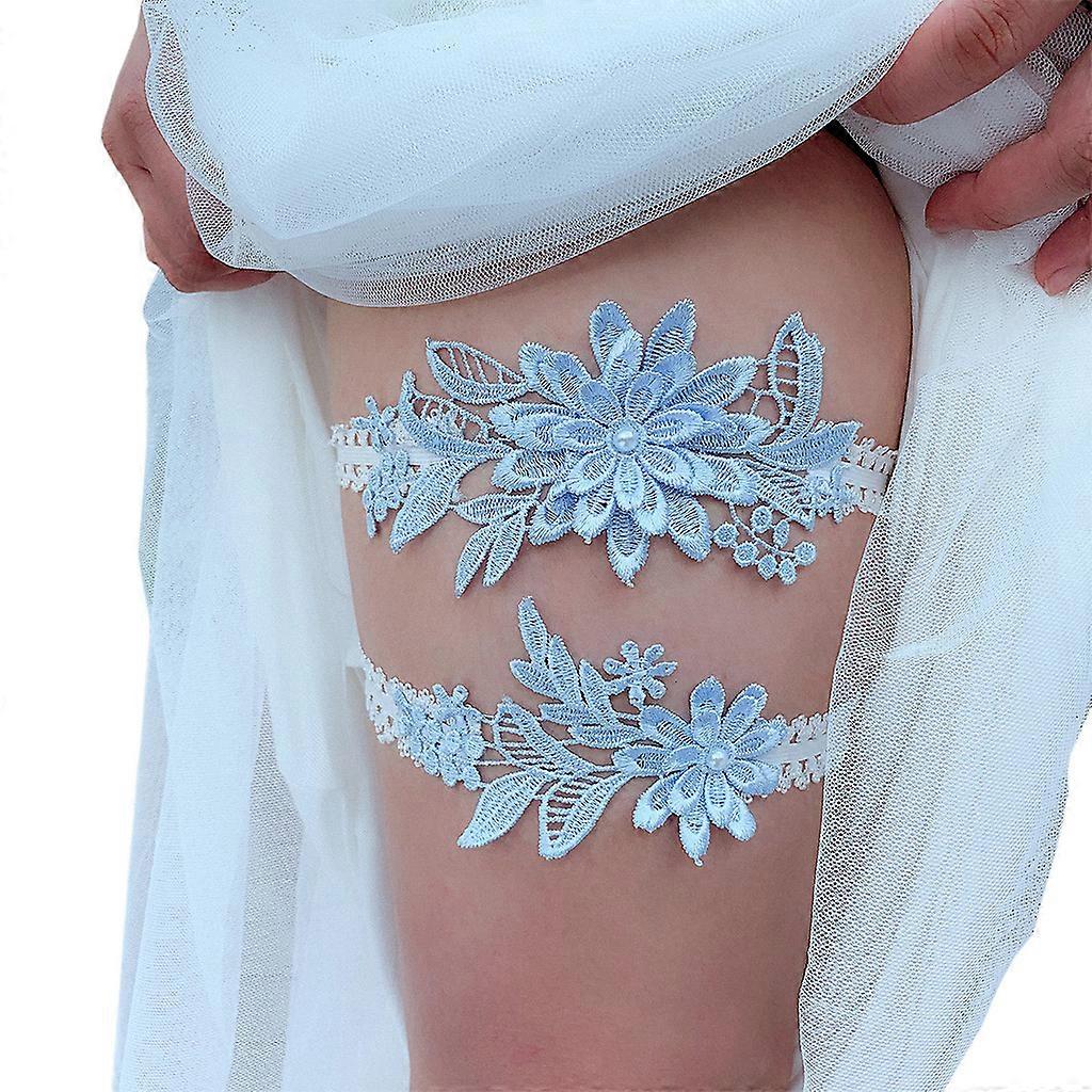 Γυναικεία Νυφικά Stretch Lace Thigh Rings Σετ για Sky Blue Κεντημένο Λουλούδι Appli 2