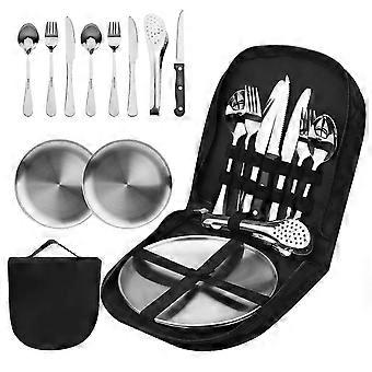 Juego de cubiertos portátiles para acampar, juego de vajilla para acampar de acero inoxidable de 10 piezas con estuche, cucharas, tenedores, cuchillo, clip, juego de placas para 2 personas -ZHENV