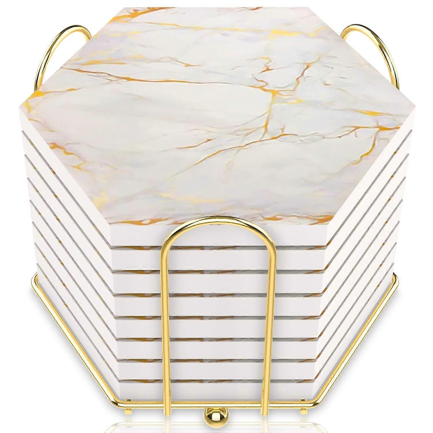 8-piece marble design absorbent coaster set with storage rack, suitable for hot and cold drinks