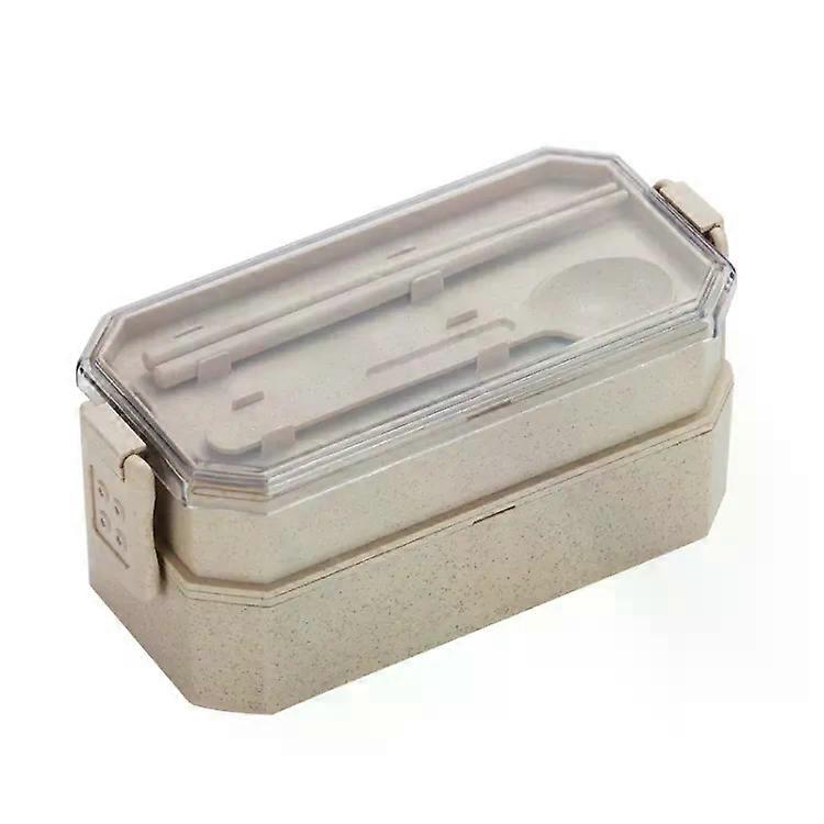 Microwaveable Double-Layer Lunch Box with Cutlery Set-Beige Beige