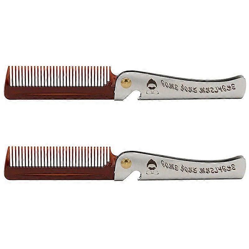 AD-2 Pcs Brown Men Folding Pocket Comb PP Teeth Detangling Hair Beard Comb Metal Handle Foldable Combing Mustache Comb