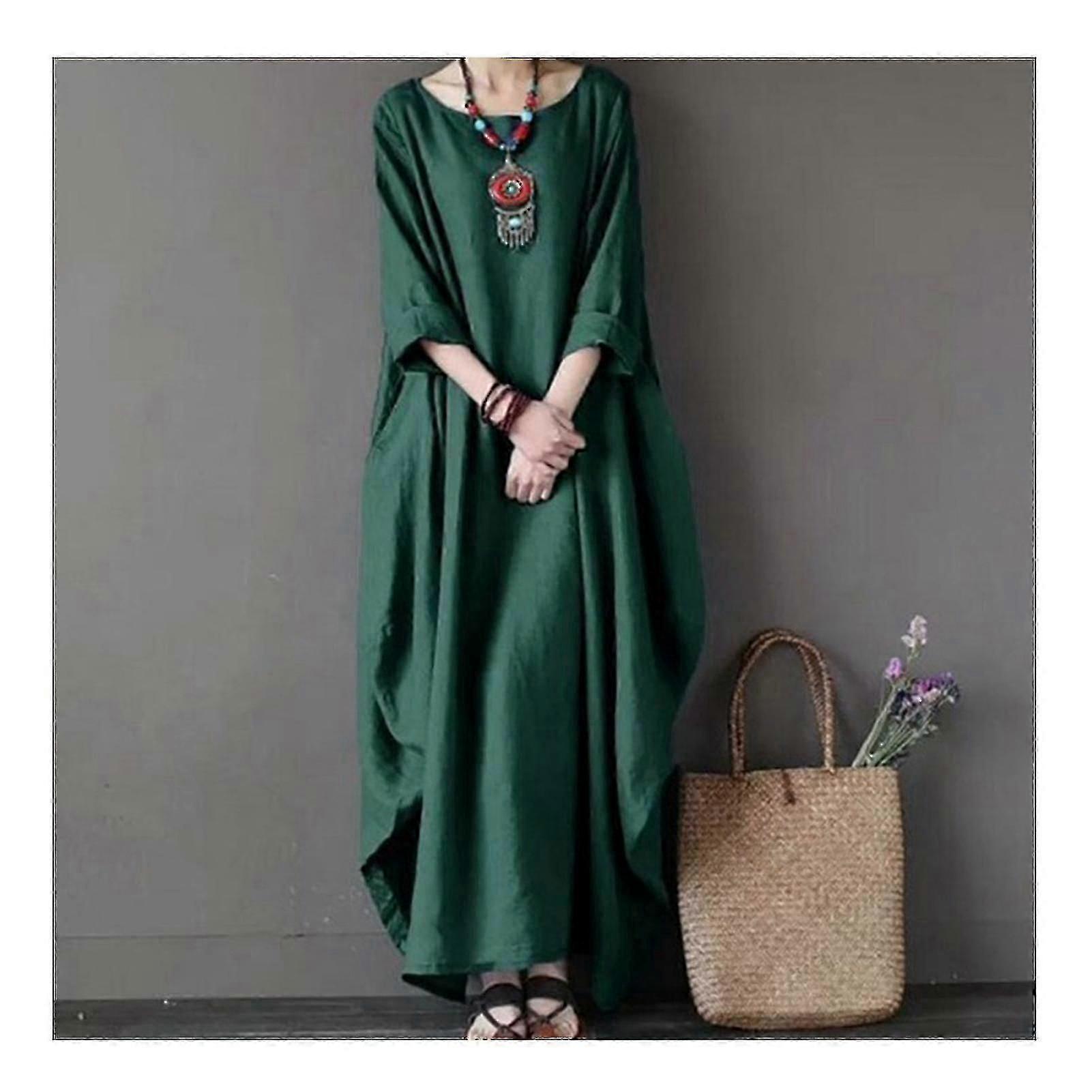 Robe d’été pour femmes manches longues loose coton lin robe longue pour décontracté