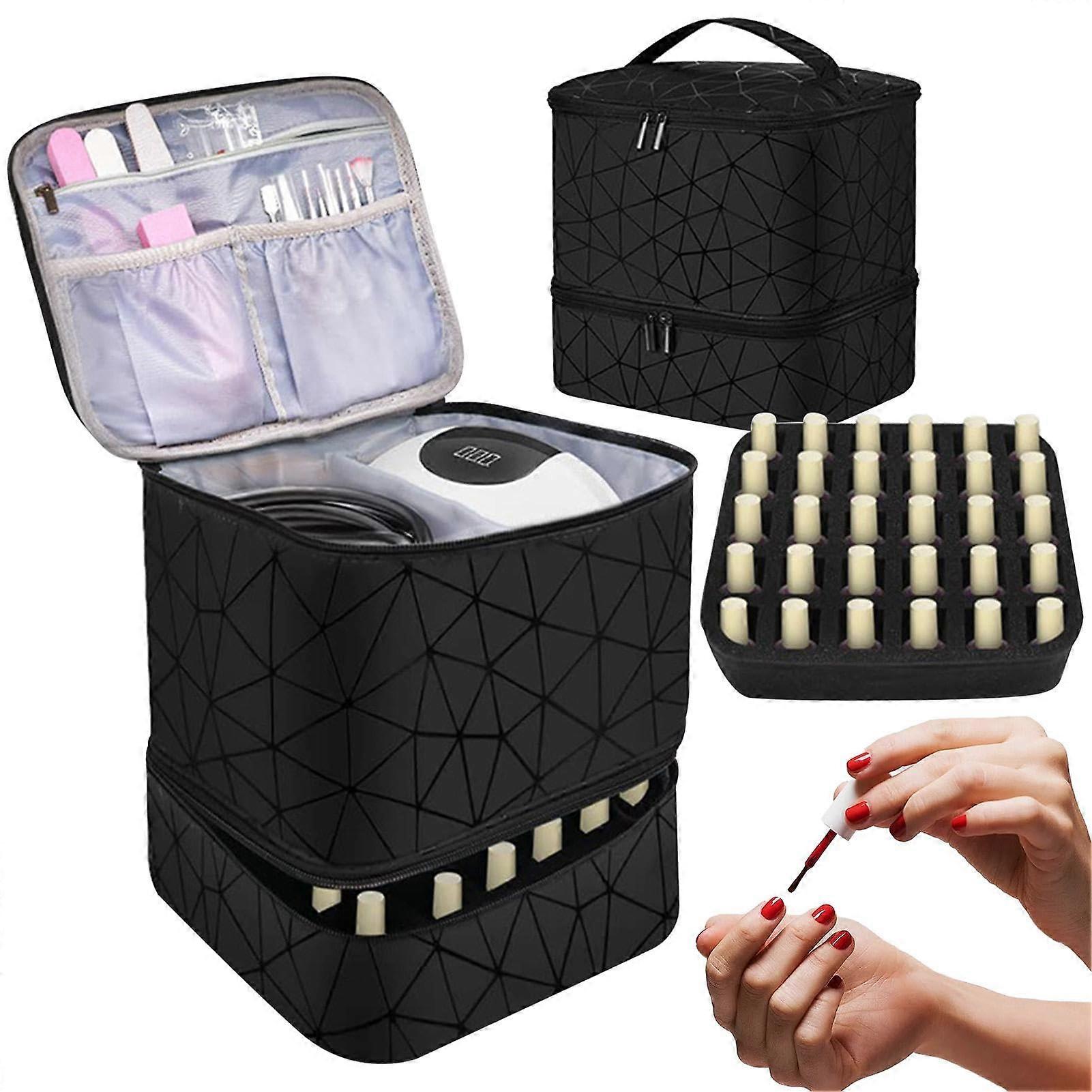 Nail Polish Organiser Double Layer Holder Portable PU Leather Case For 30 Bottles 24.5 x 21 x 26 cm Black Plain