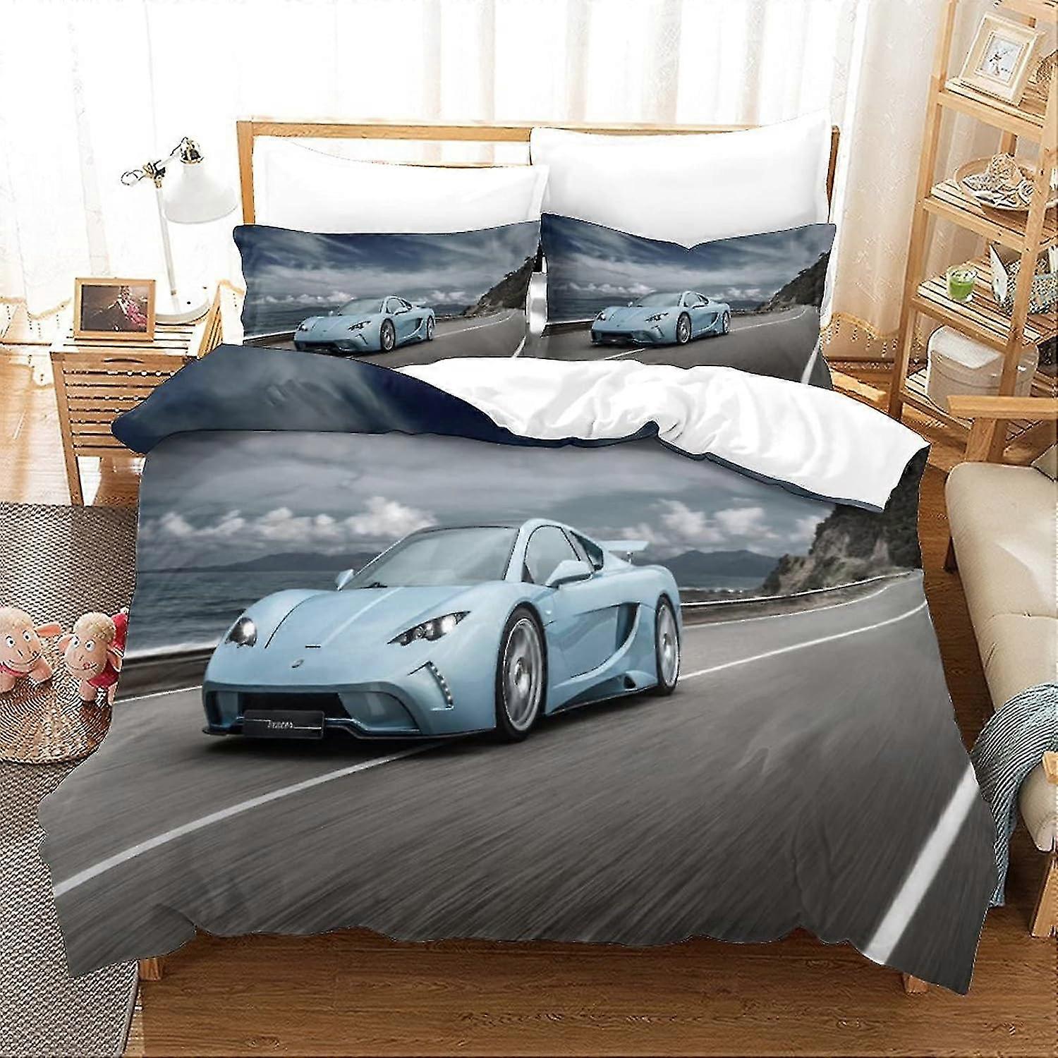 3D Printed Sports Car Bedding Set - 3 Piece Duvet Cover with Pillowcase, Soft Microfiber, Easy Care, Suitable for All Ages