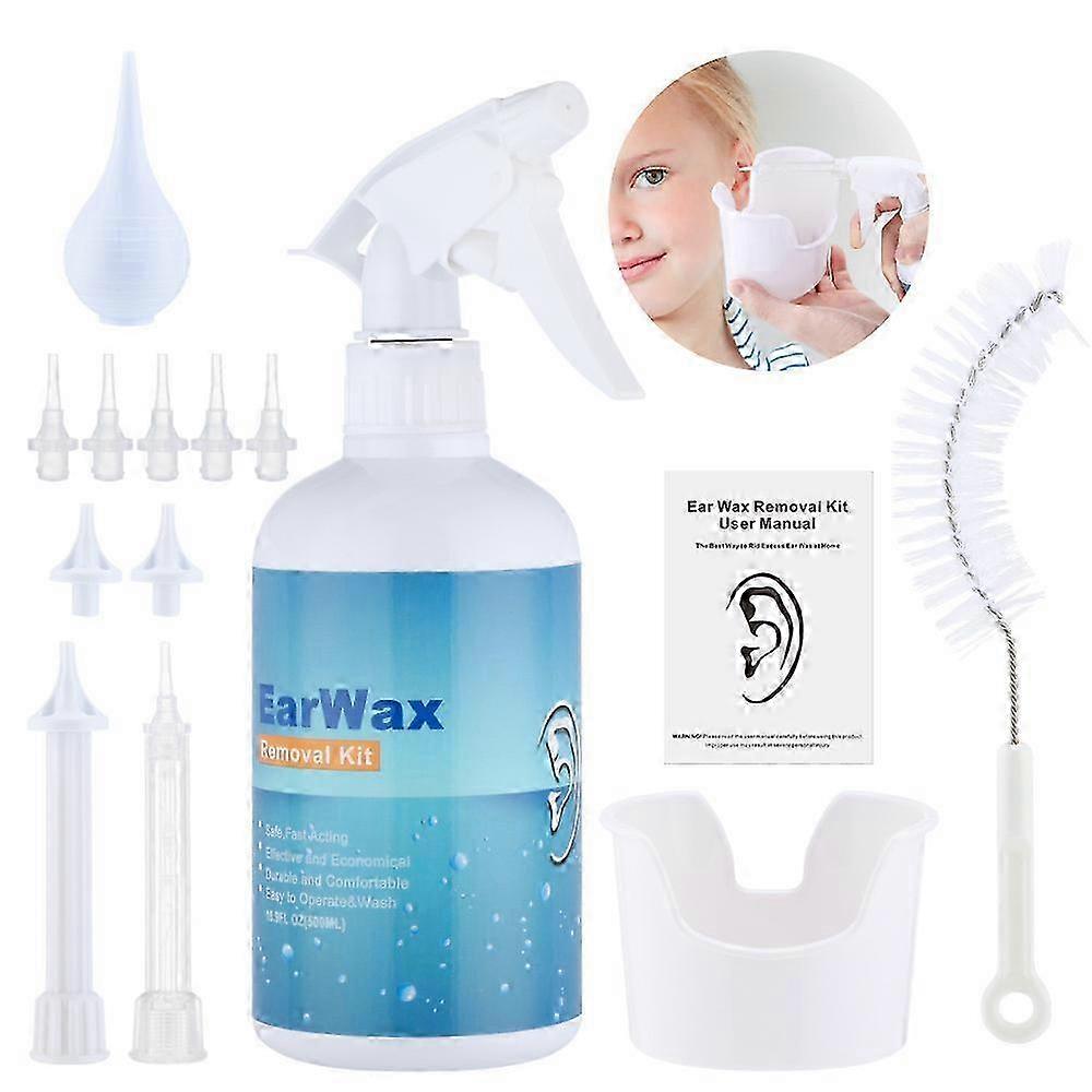 Ear Wax Removal Kit - Spiral Cleaner, Cotton Swab Alternative, Reusable, Wash Basin, Syringe, 500ML