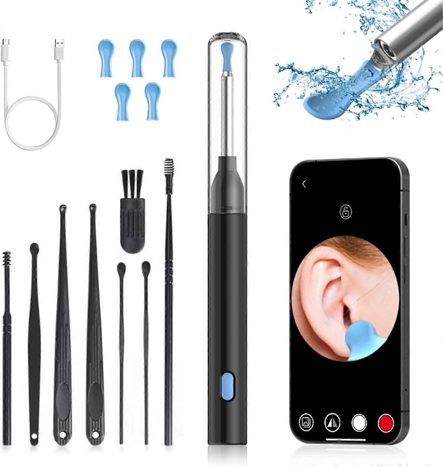 Ear Cleaning Kit With Ear Wax Removal Tool And Camera, Removable Tips, Black