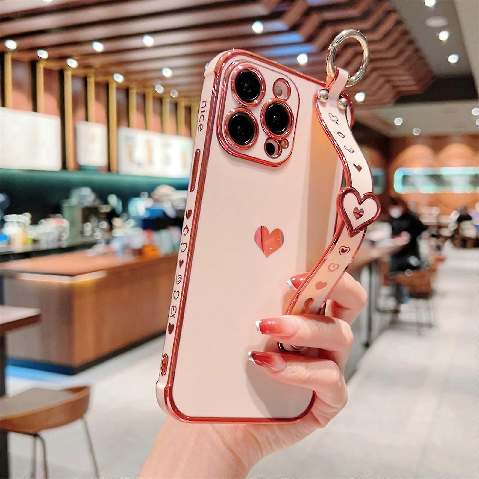 iPhone 15 Pro Max/ 15 Ultra için Sevimli Kılıf, Kız Kadınlar için Sevimli Aşk-Kalp Lüks Kaplama Kenar Tampon Yumuşak TPU Bileklik Standı ile Darbeye Dayanıklı Kılıf