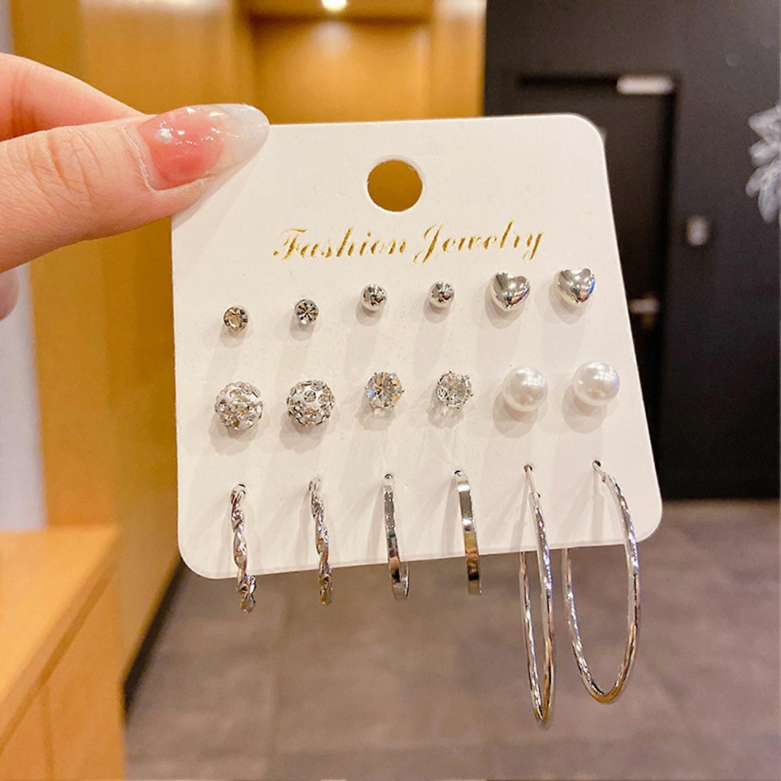 Small Exquisite Studs Rings Combination Set Diamond Pearl Alloy Electroplating Bone Stud Ear Ornaments