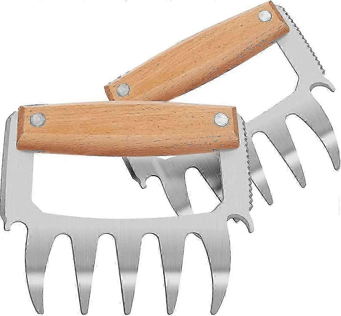 Stainless Steel Meat Claws with Wooden Handle - 2-in-1 Bear Claws Shredder for Easy Lifting & Shredding of Pulled Pork & Beef BBQ