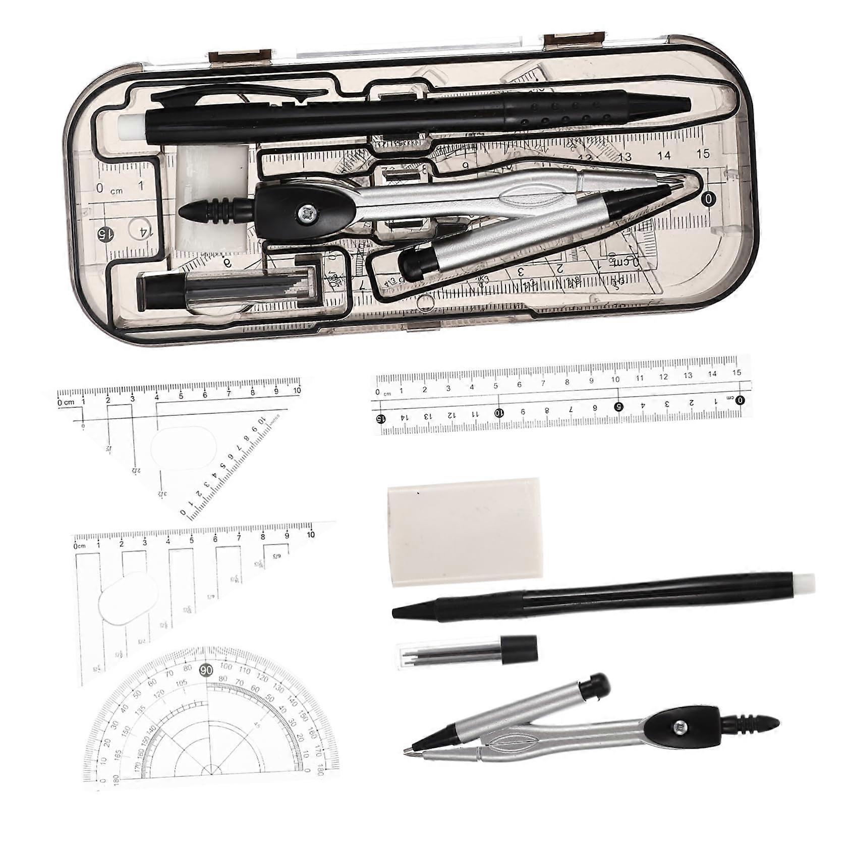 Stationary Set Plastic Black 2 Sets Compass Protractor Geometry Ruler Measuring Kit Multifunctional Office Drawing Set