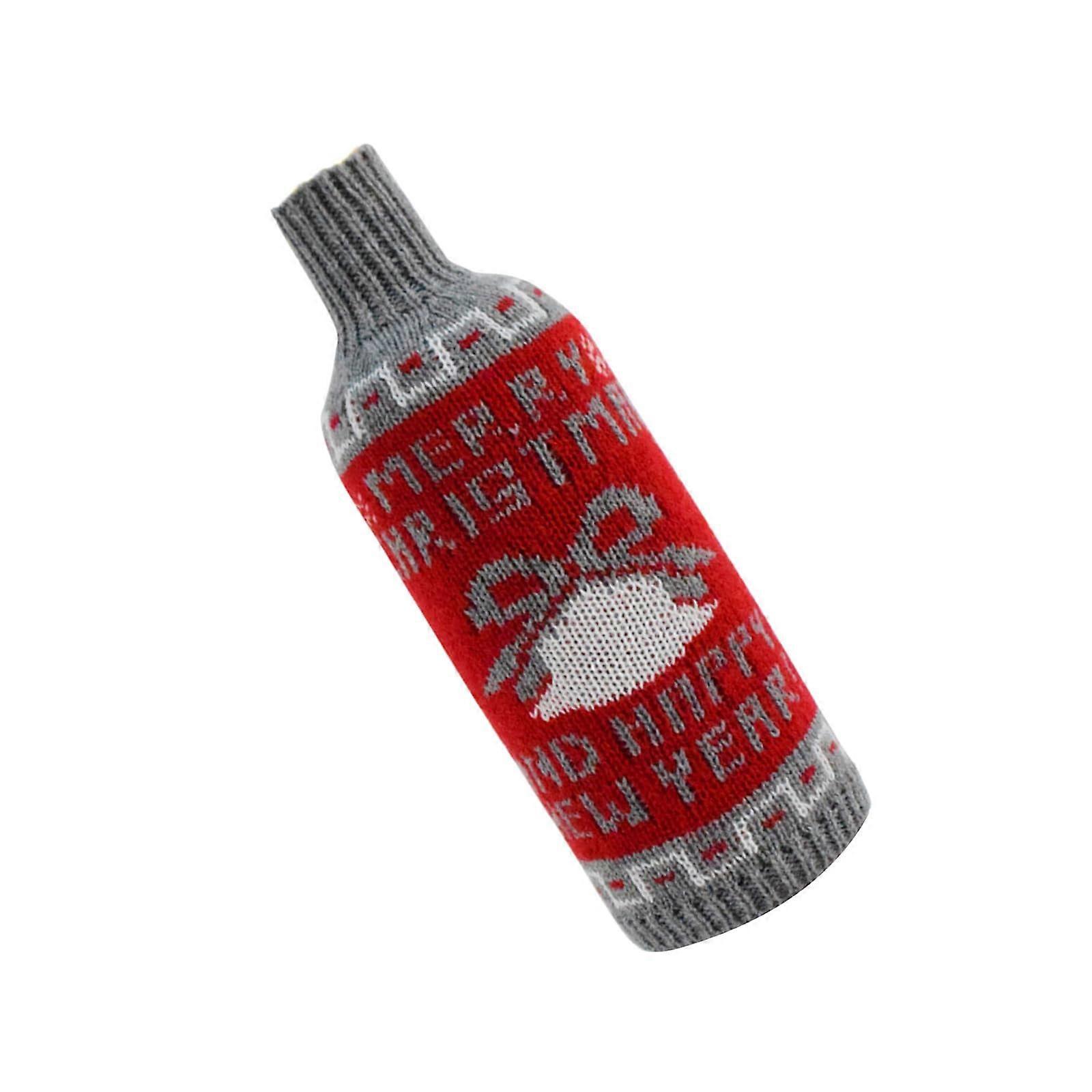 Christmas knit wine bottle covers, for holiday table decor with classic reindeer/tree patterns in red and white bells.