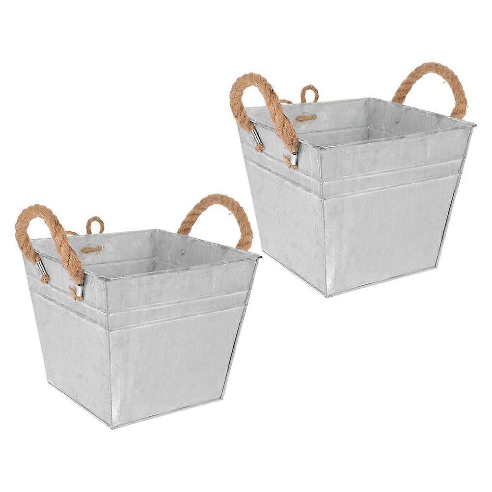 Retro Iron Flower Pot with Silver Color and Flax Rope Detail for Gardening Use Small Desktop Storage Bucket 2 Pieces
