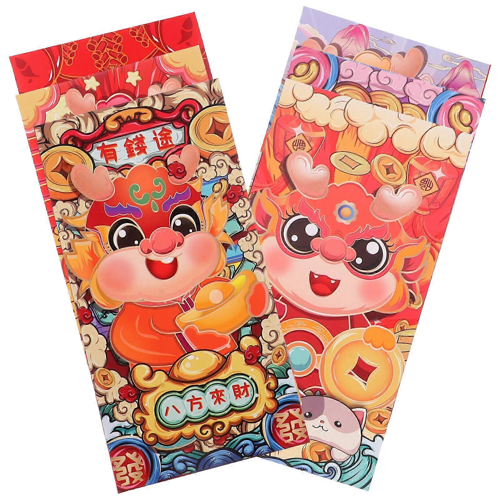 Lunar New Year Red Envelopes 2024 Dragon Design Assorted Color Paper Made for Party Use 6 Pcs