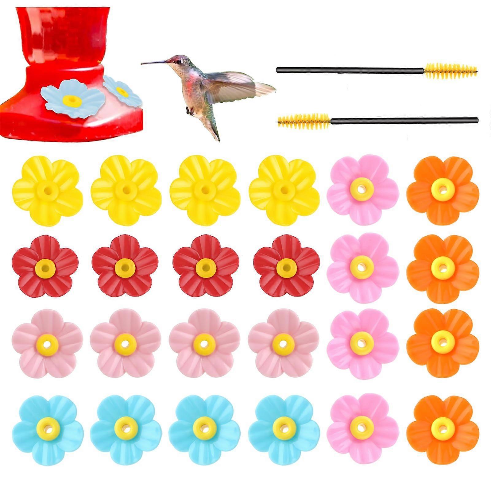 24 Pcs Colorful Hummingbird Feeder Replacement Flowers with Brushes, Bee Resistant Plastic Inserts