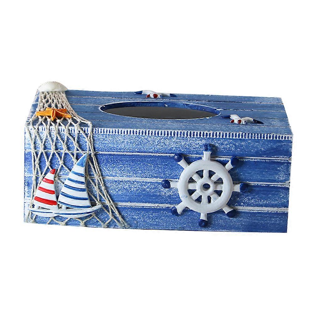 1PC地中海装飾ティッシュボックス木製クラフトストレージホームデスクトップブルーラダー