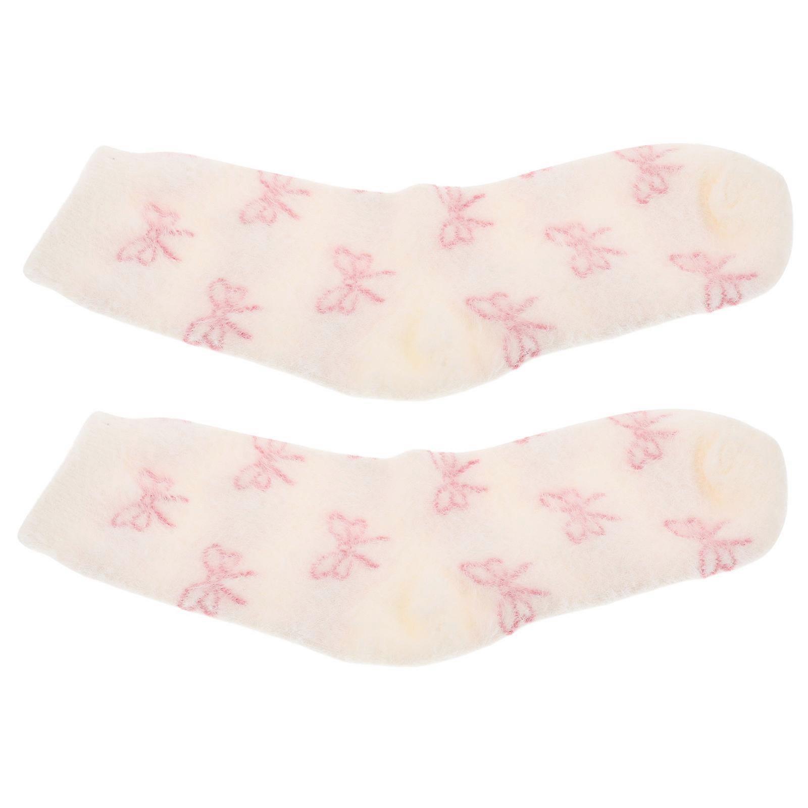 Cozy Plush Warm Winter Socks for Home Use with Cute Bow Design and Midcalf Protection in White Size 1013