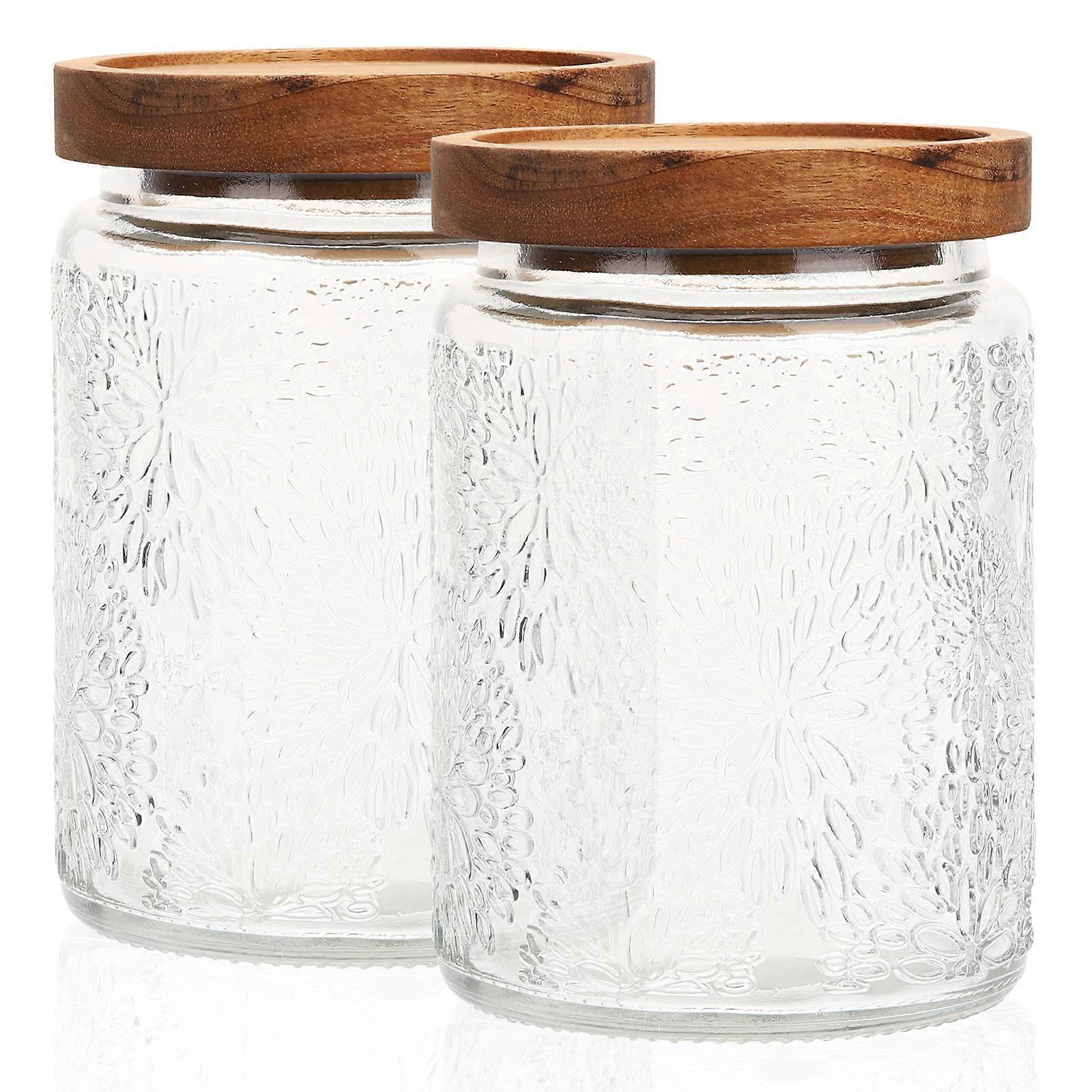 Clear Glass Food Jars 2Pcs With Wooden Lid Suitable For Home Kitchen And Desk Use Offering Multipurpose Functions