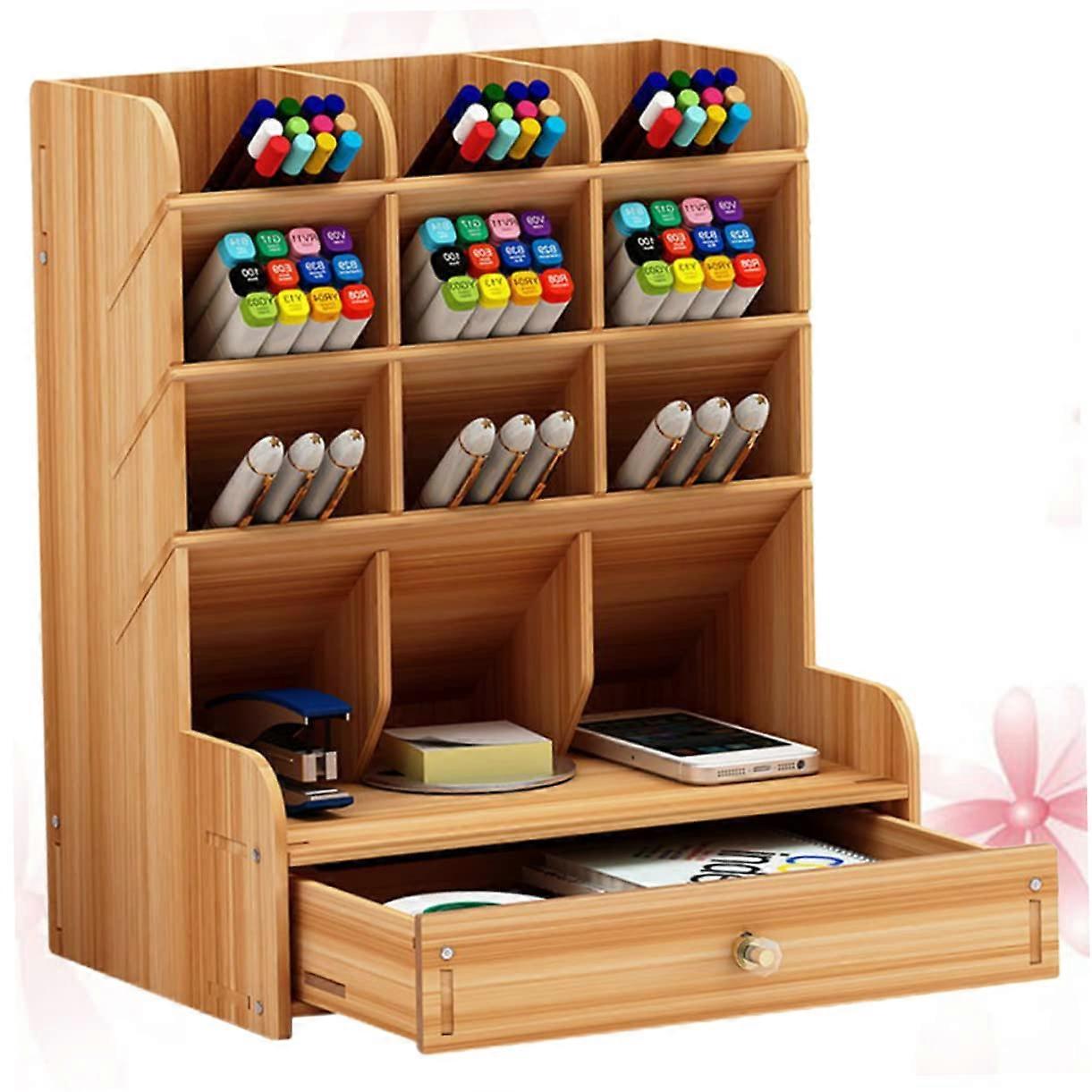 Versatile office desktop storage box for pen holder made of wood, multicompartment pen storage shelf