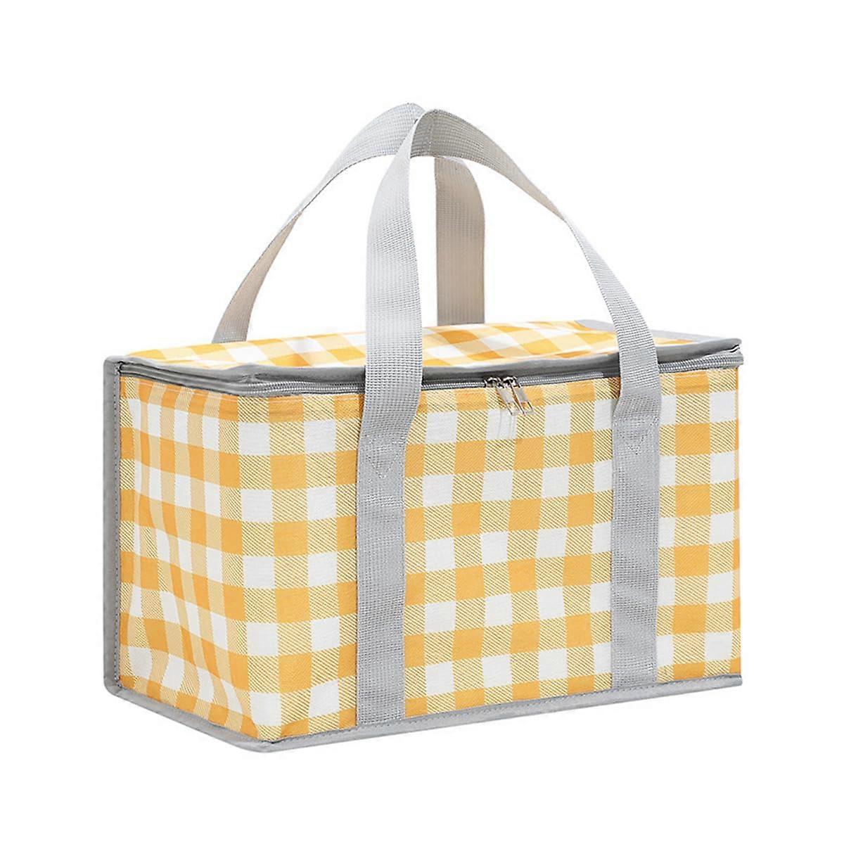 14L Foldable Cool Bag, Reusable Insulated Lunch Bag (14L,Yellow Plaid)