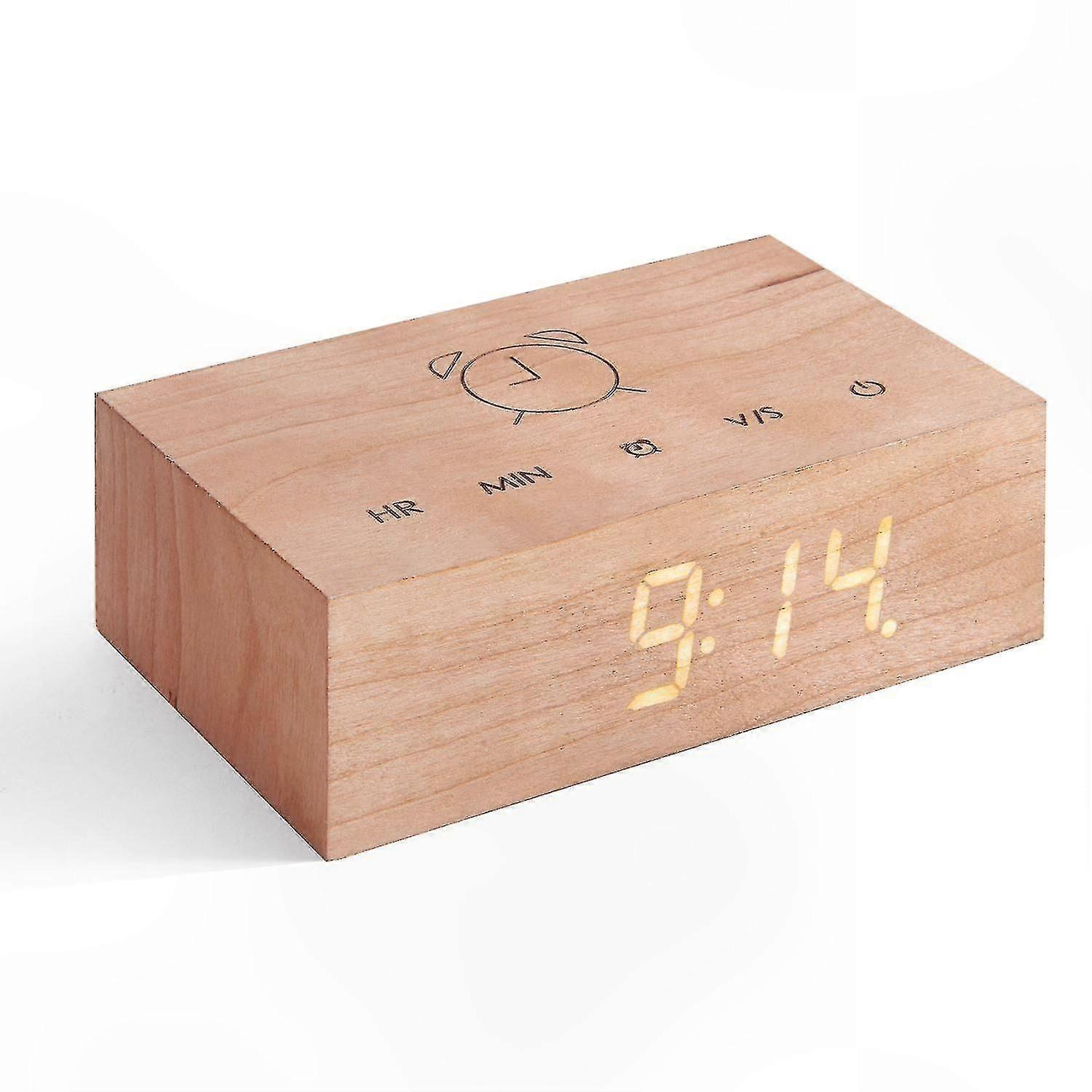 LED Alarm Clock with Flip Technology Sound Activated Rechargeable Touch Controls Wooden Finish
