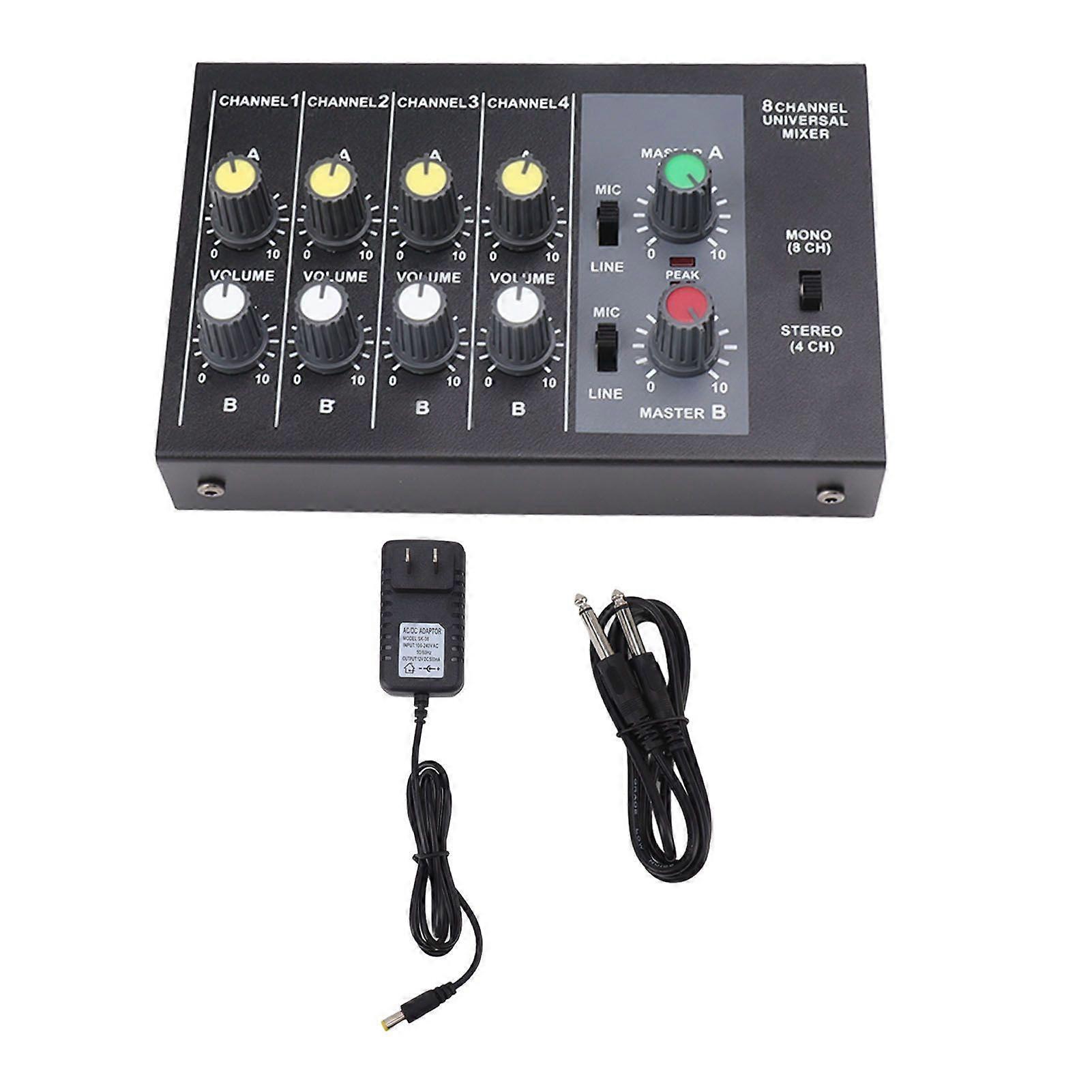Mini Sound Mixer 8 In 2 Out 4 Channel Stereo and 8 Channel Mono Microphone Line Mixer for Studio Stage Small Clubs Bar