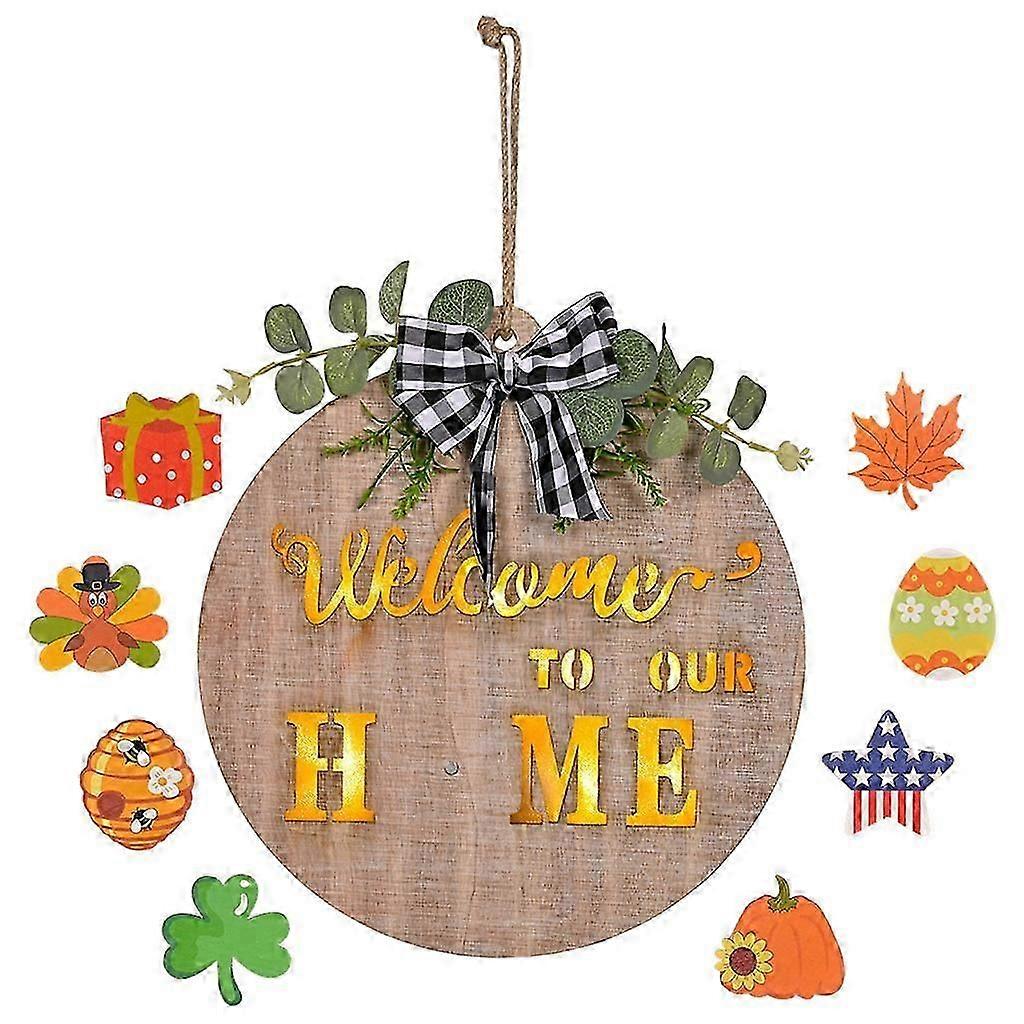 Interchangeable Home Sign for Front Door Holiday Home Decor Sign with 8 Seasonal Icons LED Light Rustic Farmhouse Decor