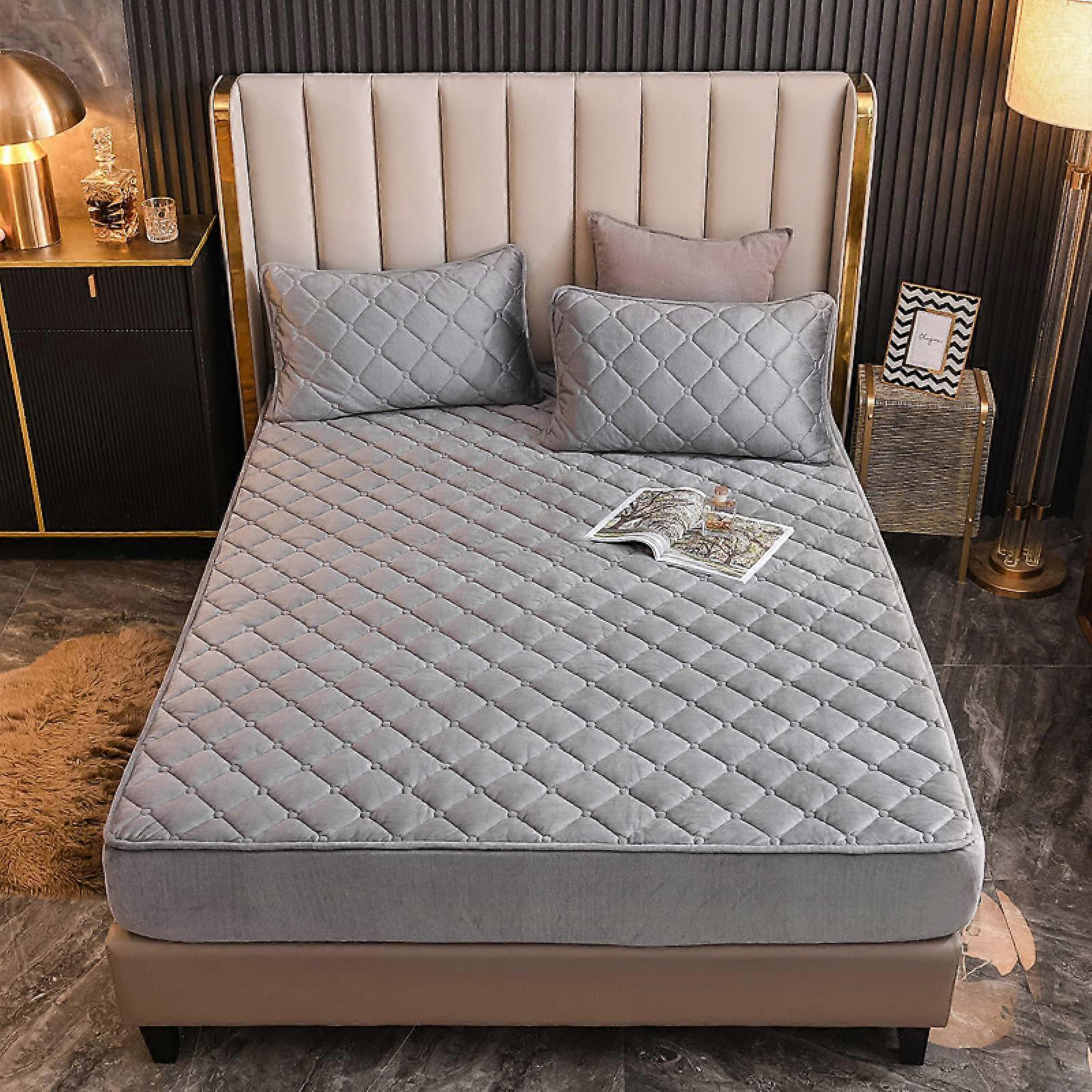 Bedding Fitted Sheets Crystal Velvet Quilted Keep Warm Deep Pocket Grey Solid Color 160x200 cm 25 cm Depth