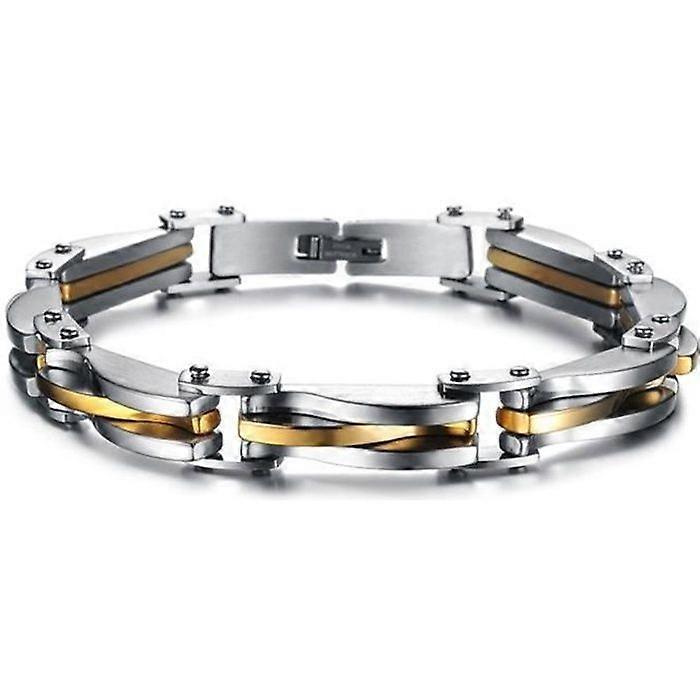 Pulseira masculina de aço titânio dourado e prateado com corrente e elos para presente