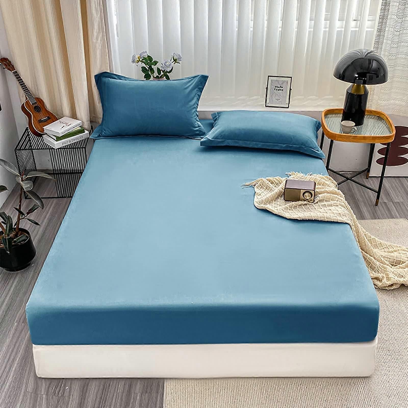 Fitted Sheet Double Bed Soft Polyester Sea Blue 75 X 54 Inch Solid Color One Piece