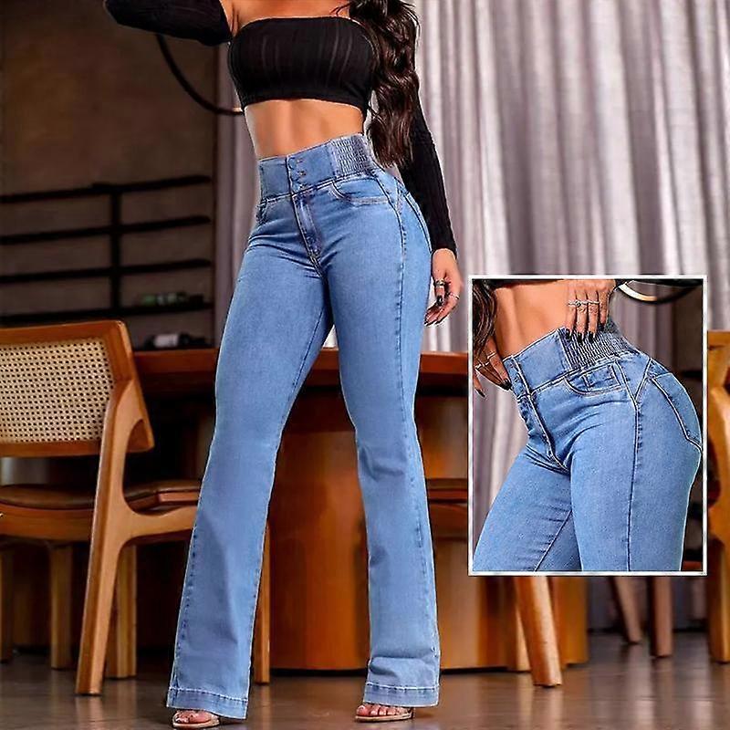 Women's Back Shirred Button Front Jeans High Waist Pants